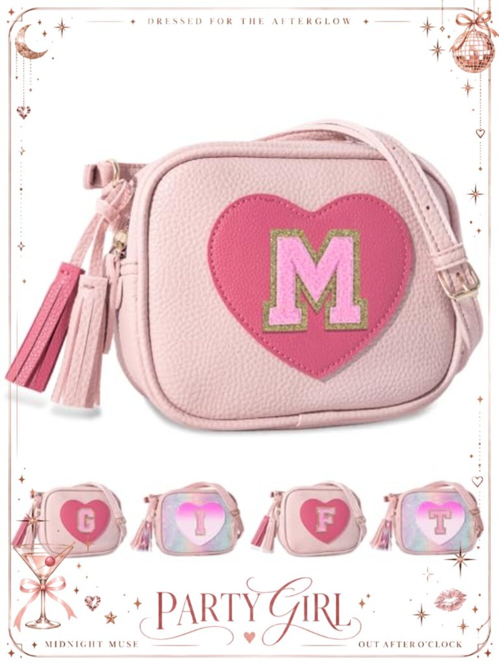 Girls Personalized Initial Crossbody Bag Vegan Leather Heart Purse